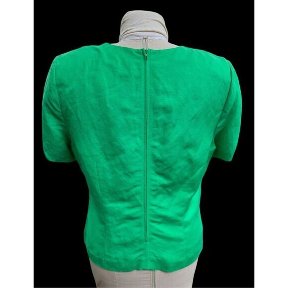 Kelly Green Linen Blend V-Neck Sht Slv Top by Halmode Petites Vintage Sz. 12 - Picture 3 of 10